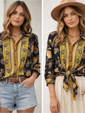 Timing Black and Mustard Floral Paisley Button-Down Blouse 06-0204